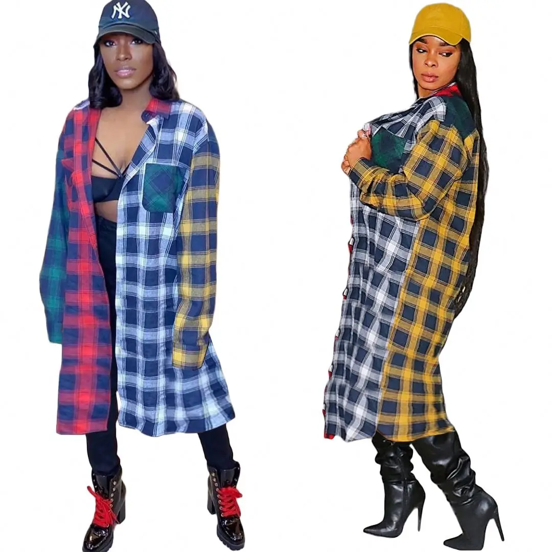 

New Lady Stitching Plaid Long Sleeve Pocket Sexy Plus Size Fall Winter Women Maxi T-shirt, Customized color