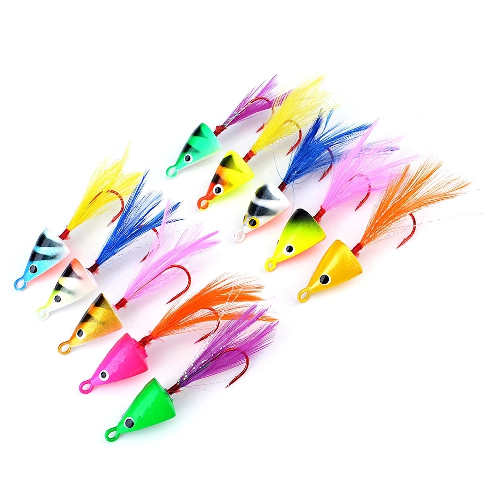 

5PCS/Lot Winter Ice Fishing Lure Hooks Colorful Jig Lure with Florescent Feather colored ice fishing hook Baits