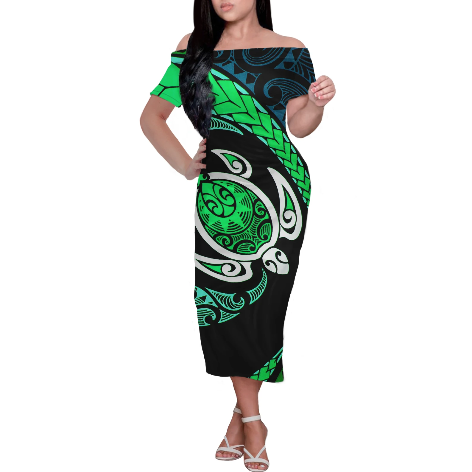 

Polynesian Turtle Tattoo in Maori Style Short Sleeve Dresses Sexy Women Casual Off Shoulder Summer Sexy Bodycon Beach Boho Dress, Customized color
