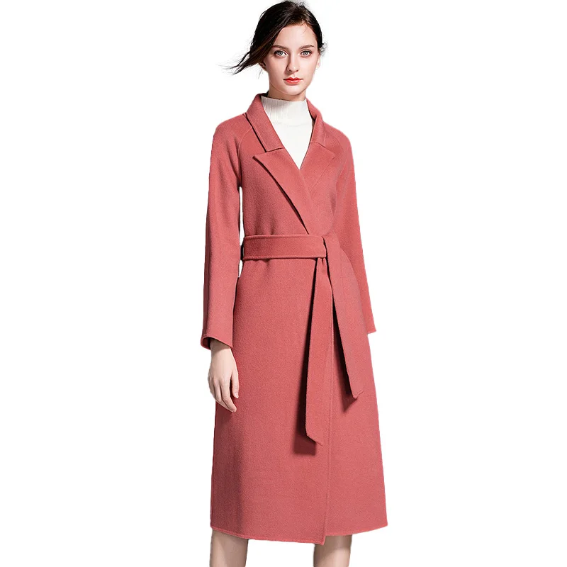

Luxury Double Face Winter Wool Coat Belt Thick Plaid Print Long Woman Cashmere Woolen Coat, As pictures