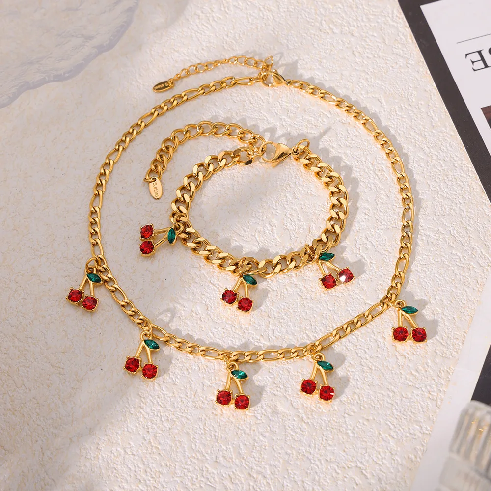 Fashion Stainless Steel Jewelry Set 18k Gold Plated Glass Stone Red Cherry Necklace Waterproof Women Bracelet YF3943