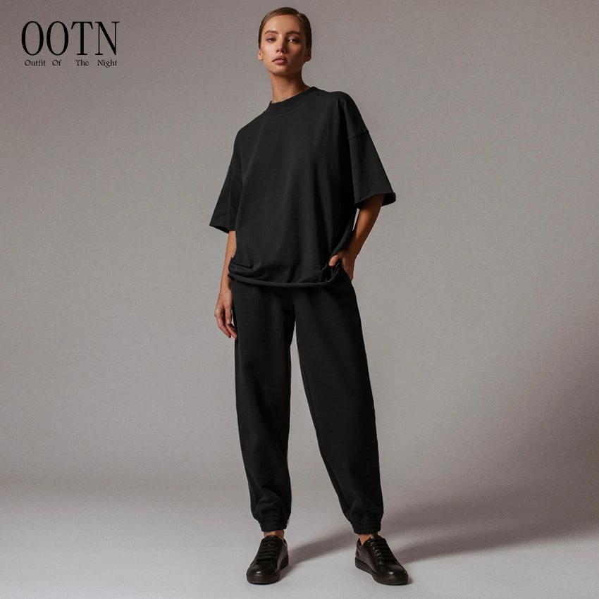 

OOTN Female Half Sleeve Loose T-Shirts And Elastic Waist Sweatpants Two Piece Summer Tracksuit Women Jogger Sports Suits