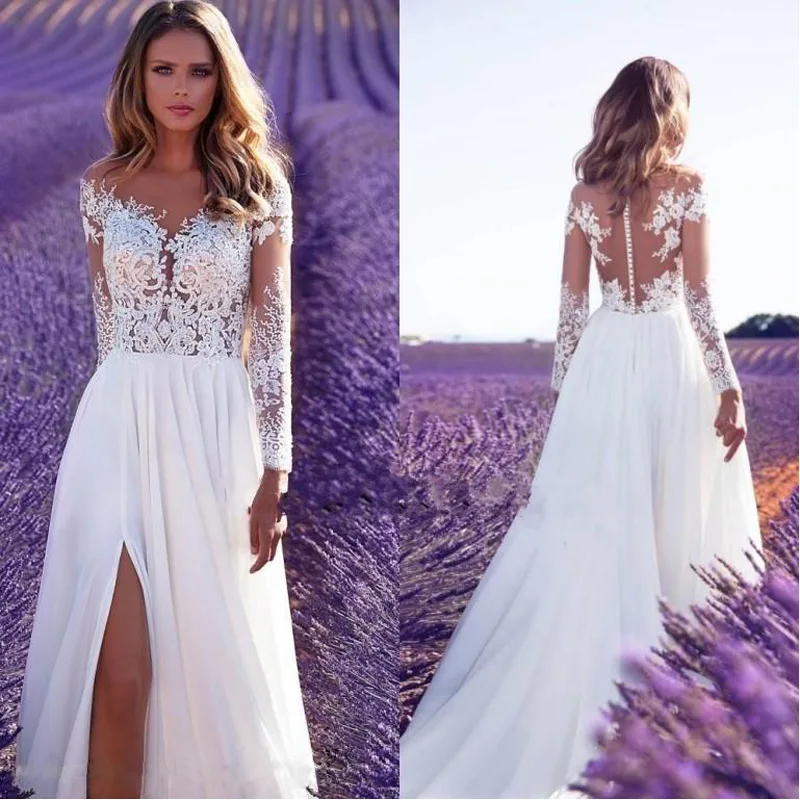 Long Sleeve See through Lace Wedding Bridesmaid Dress