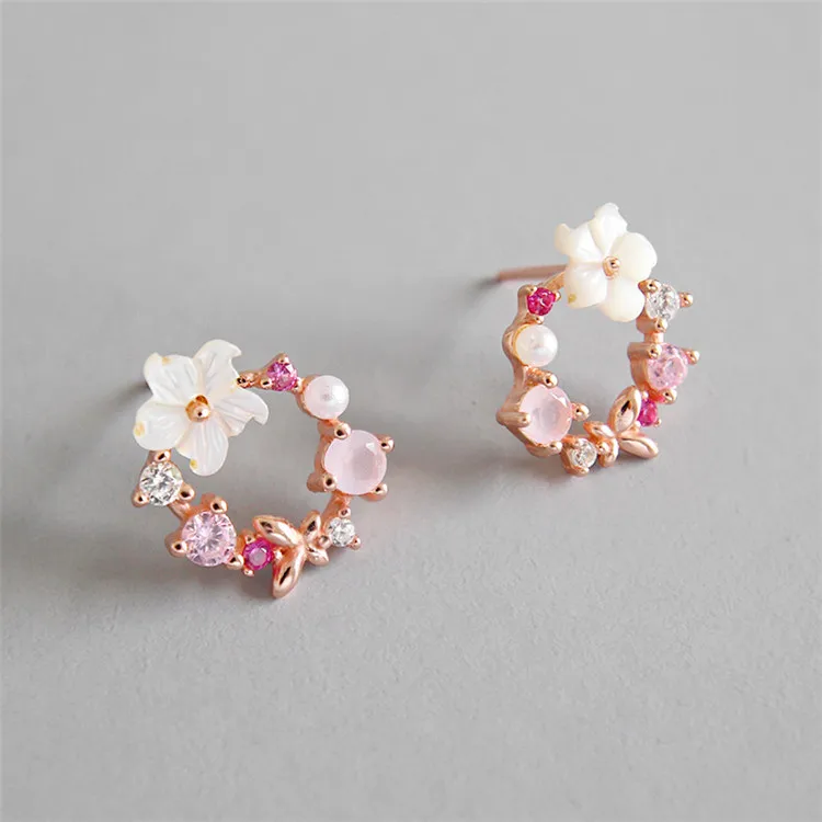 

Korean Yellow Gold Filled Hollow Flower Wreath Stud Earring For Women 925 Sterling Silver Pearl Crystal CZ Flower Stud Earrings, As picture