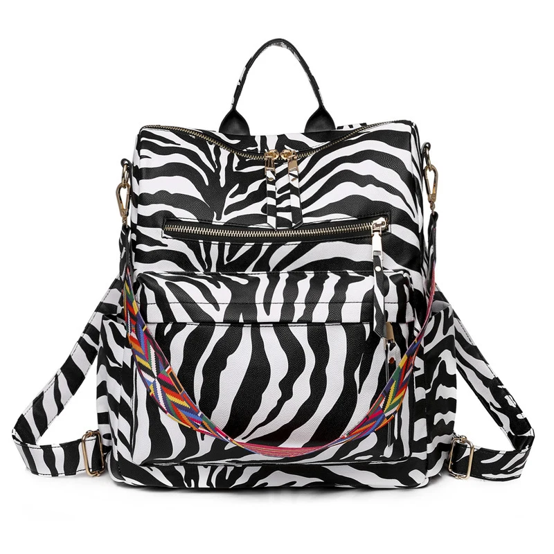 

INS Casual Stylish Zebra Stripe Large Capacity Shoulder Strap Ladies Back Pack Teen Student Girls Leather Backpack Bag For Women, As shown