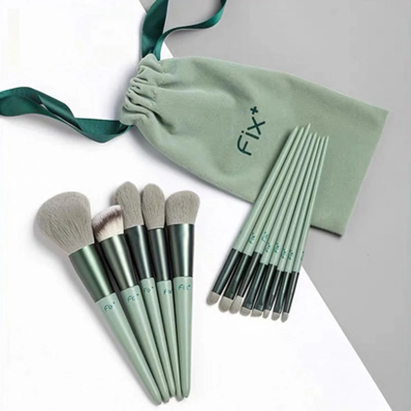 

2021 Popular factory wholesale Custom 13 pcs Morandi green professional makeup brush set private label with cotton bag, Customized color