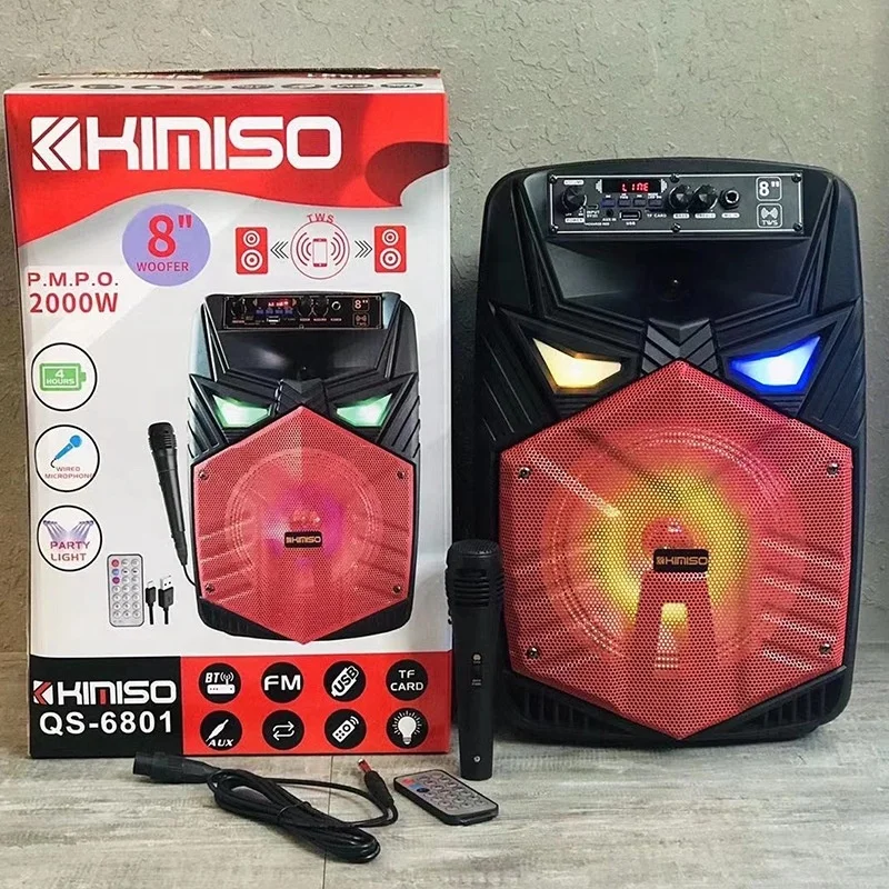 

KIMISO QS-6801outdoor microphone speaker with LED light square dancing trolley speaker 8 inch Karaoke speaker