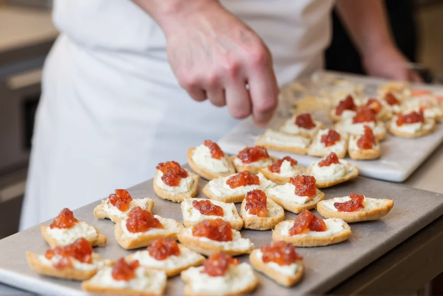 Chef preparing appetizers with pepper jelly, cream cheese, and crackers