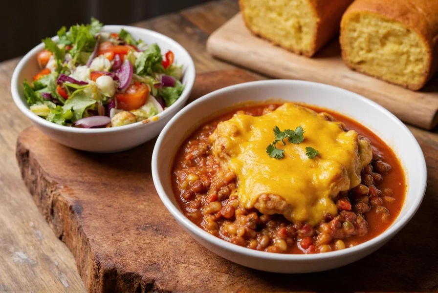 Serving suggestion of chili mac and cheese with side salad and cornbread on rustic wooden table