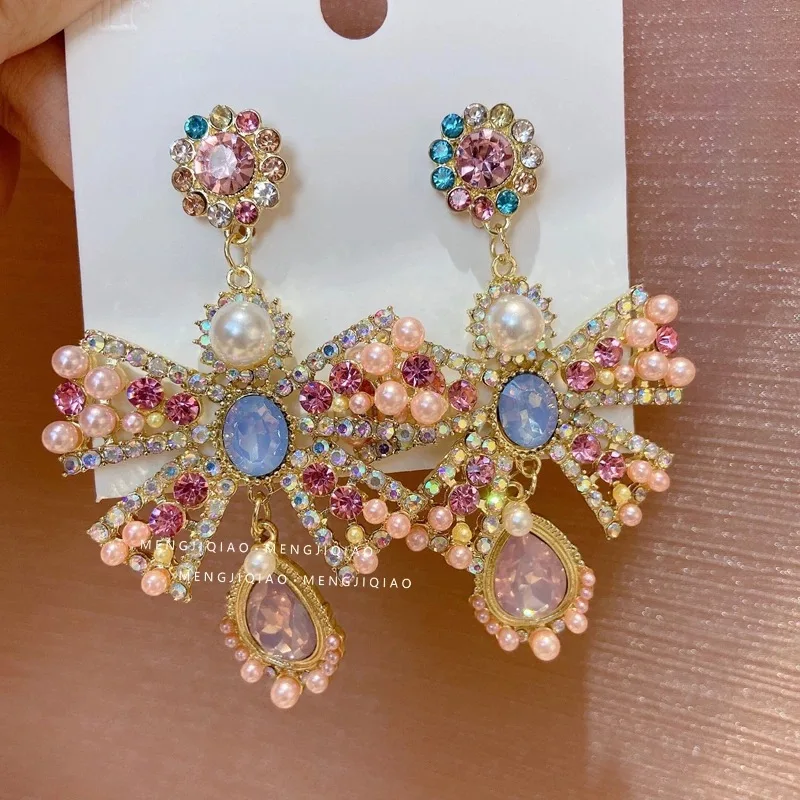 

Korean Luxury Pink Rhinestone Bowknot Drop Earrings For Women Fashion Waterdrop Crystal Pendientes Party Jewelry