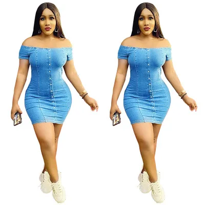 

LZX 2020 summer plus size women clothing long sleeves denim jeans bodycon ladies dress
