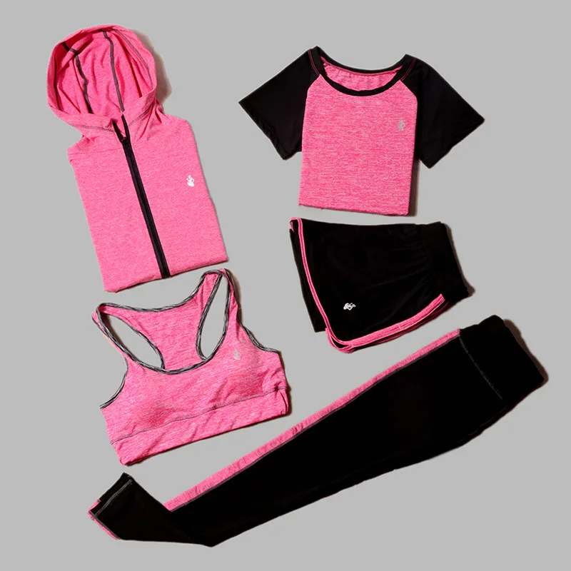 

5 Piece Yoga For Women's Running T-Shirt Sports Bra Wear Fitness Clothing Women Training Set Sport Suit