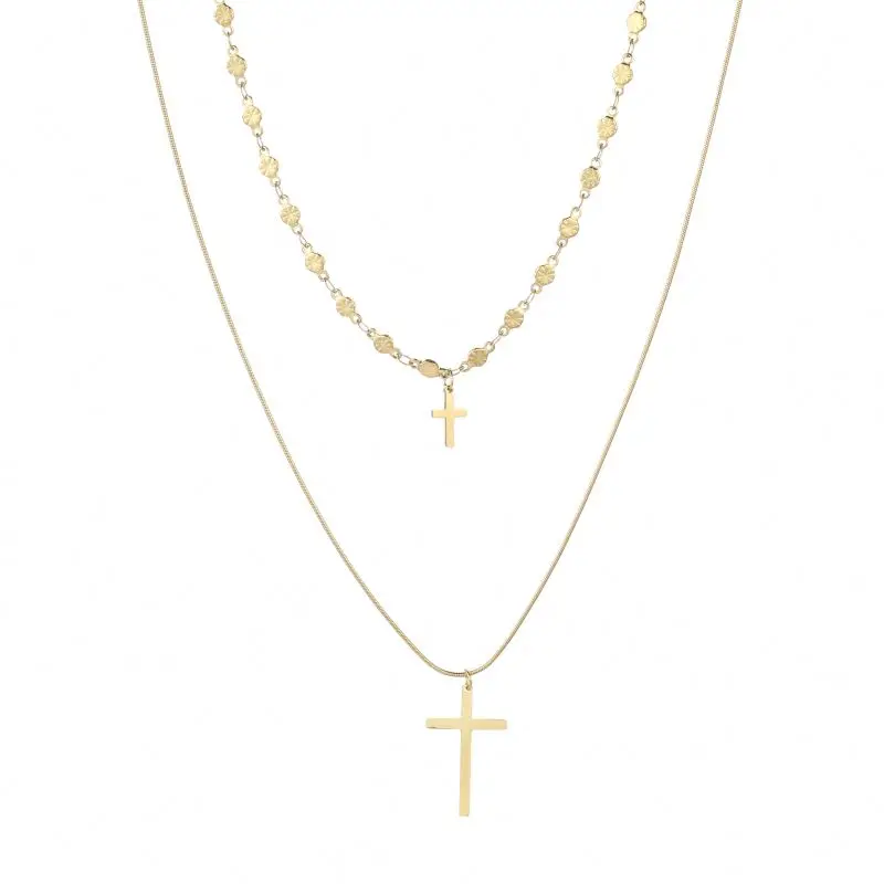 

European Style Factory Direct Sales Cross Long Double Chain Black Crystal Necklace