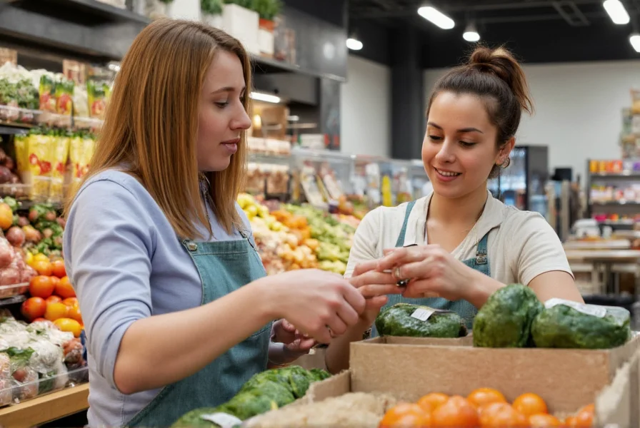 Customer service representative assisting with grocery return at store counter