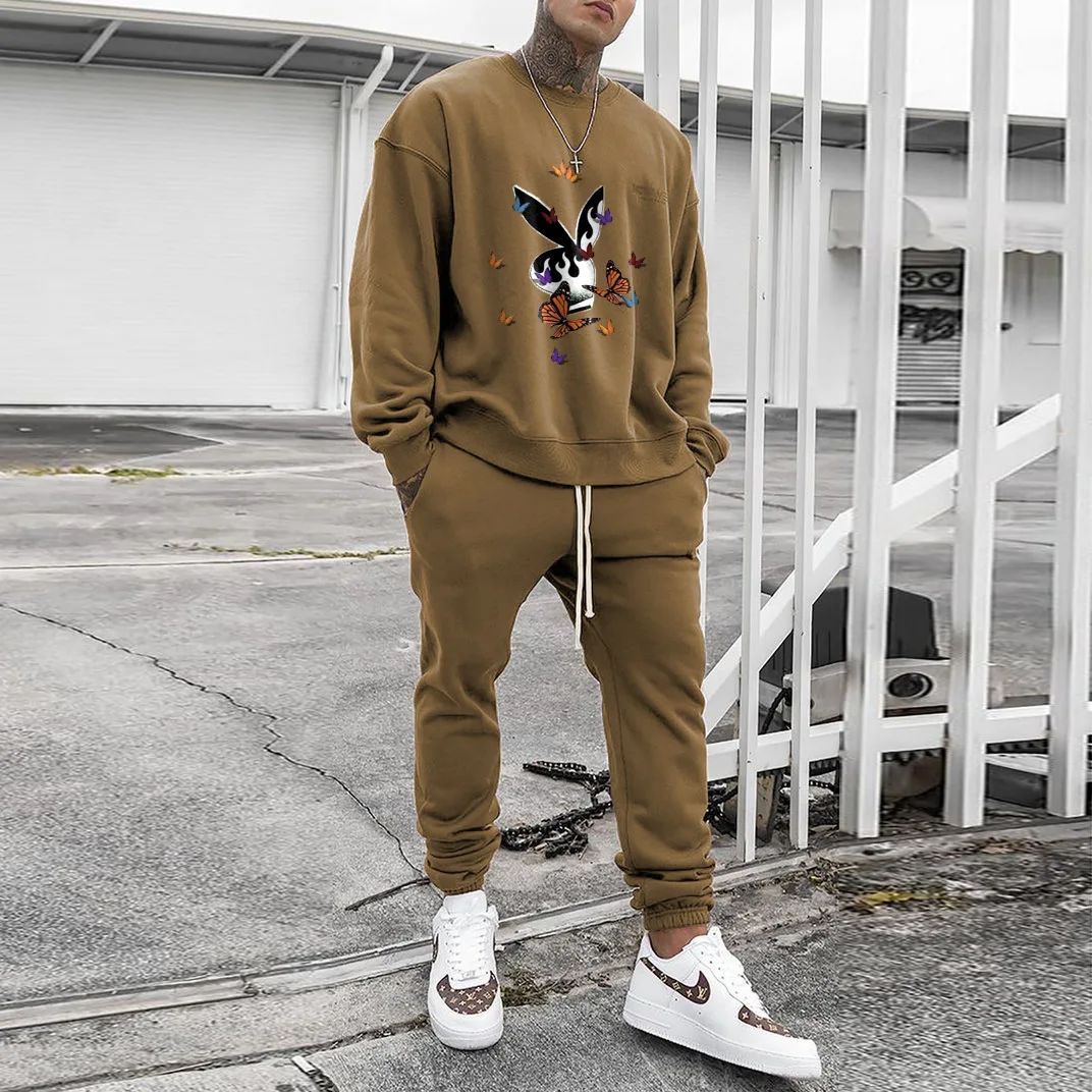 

2021 men's long sleeve top long pants printed autumn long men's two-piece set men's suit