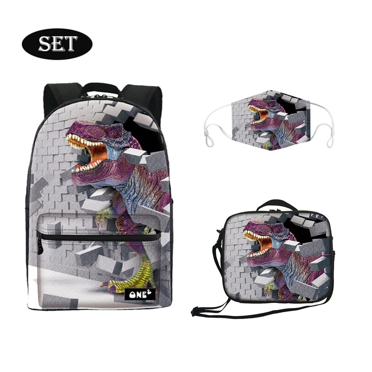 

Fashion Wholesale Dinosaur printed sac a dos odinateur portable + lunch tote bag insulated +winter face cover anti dust reusable, Customized