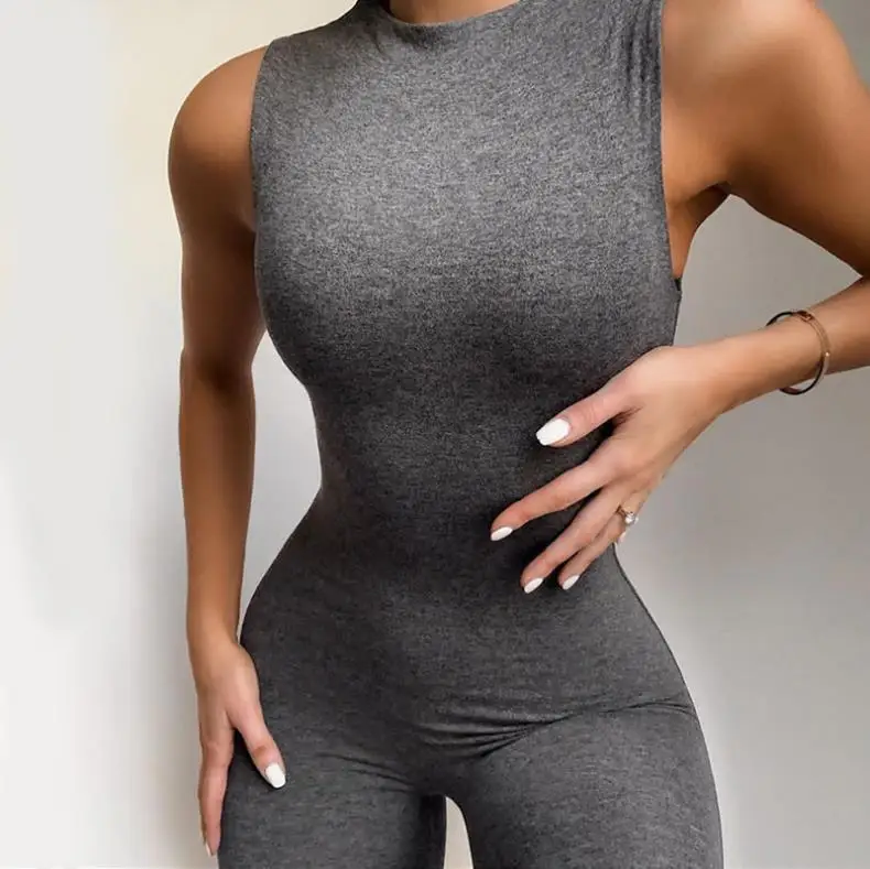 

New Style Solid Color O Neck Sleeveless Female Workout Sports Gym Bodysuit Skinny Rompers women jumpsuit 2020, White, black, gray