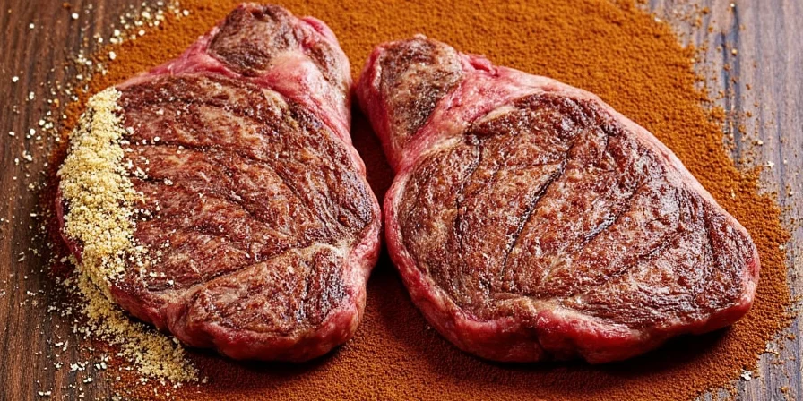 Close-up of coarse salt and cracked pepper on a juicy ribeye