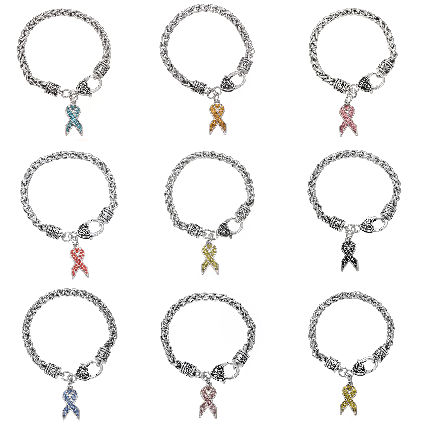 

Custom Heavy Engraved Mens Braided Metal Chain Bracelets Red Ribbon Charm Wrap Bracelets