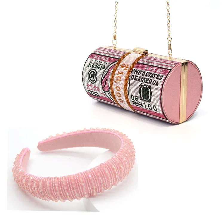 

2021 New trendy design rhinestone dollar money roll purse bling bag with crystal headband, Pink, green, colorful, yellow, blue,red