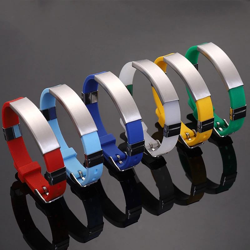 

Hot Sale New Custom Engraved Logo Gift Bracelet Wholesale Multi Colors Soft Silicone Stainless Steel Bracelet, Picture shows