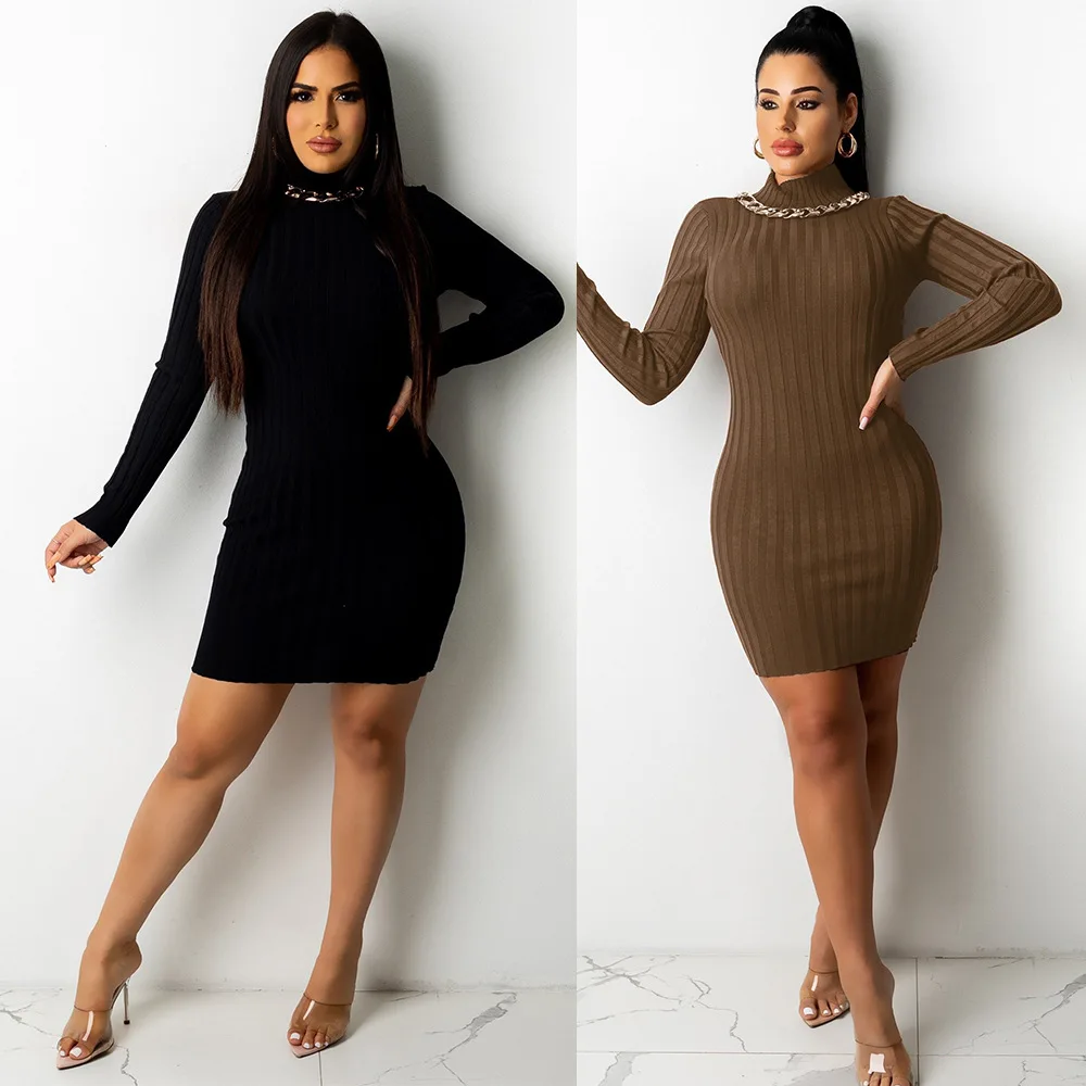 

2021 R10023 - fashion sexy solid o neck backless long sleeve knit women dresses