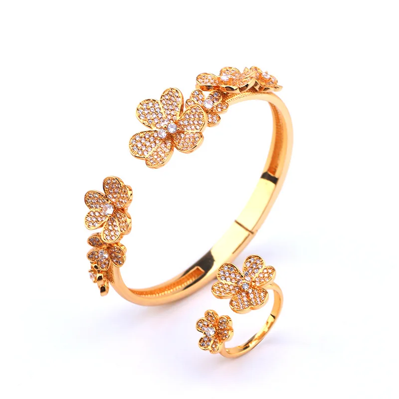 

High quality 18k gold plated clover cuff bangle bracelet jewelry luxury zircon four leaf clover bracelet for women