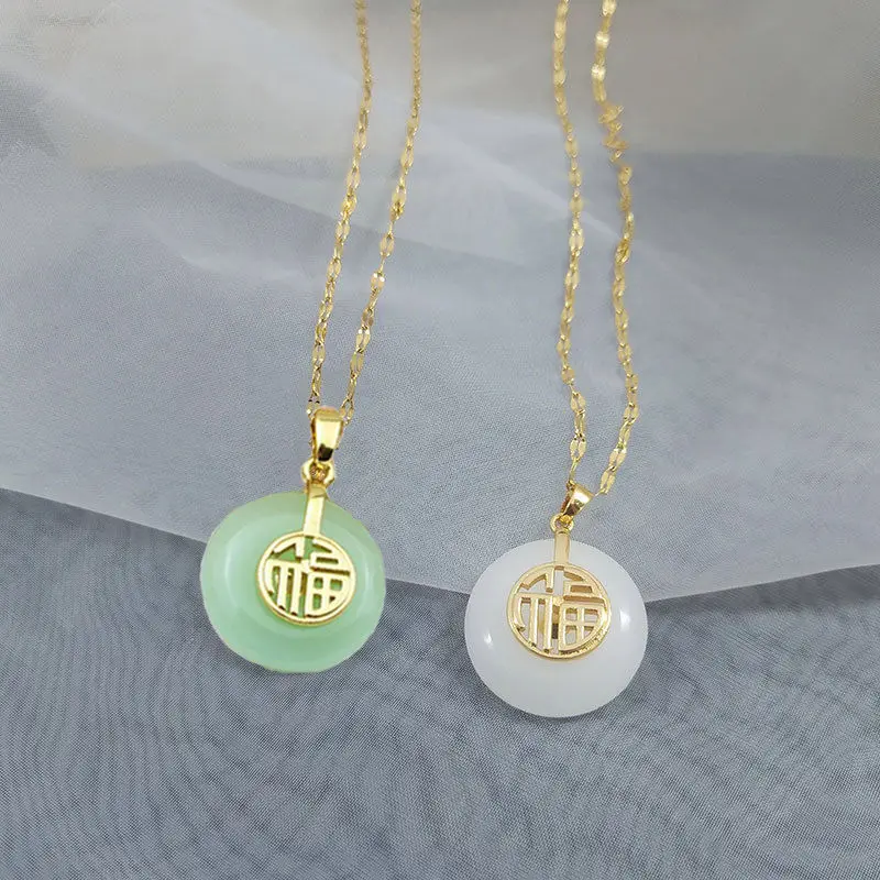 

HOVANCI 2021 New Arrival Chinese Fu Jade Necklace Jewelry Stainless Steel Chain Natural Emerald Jade Pendant Necklace For Family