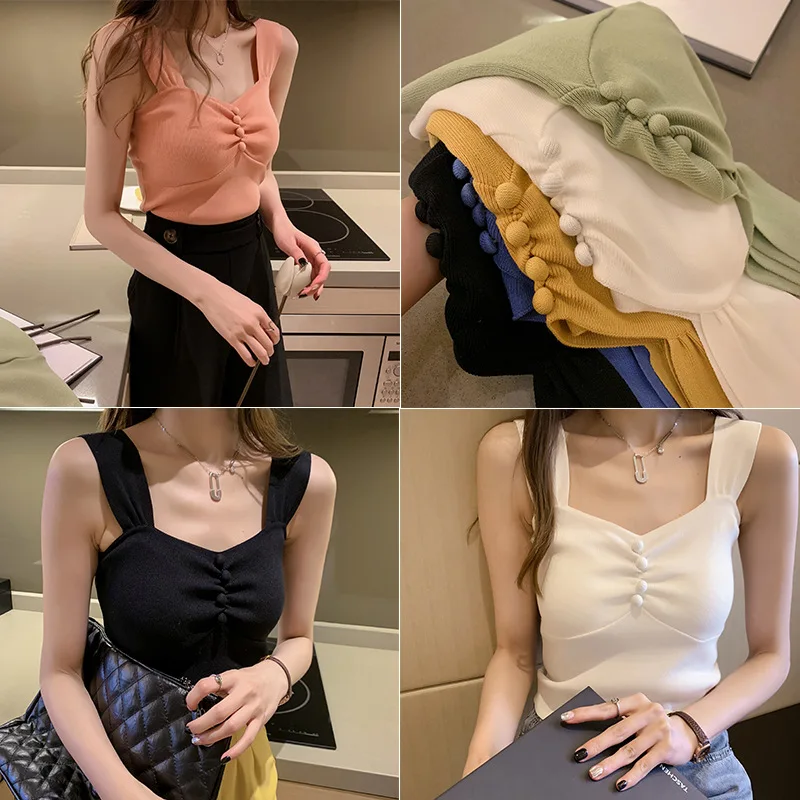 

2021 New Women Summer Knitted Tank Crop Tops Ruched Front With Buttons Slim Fit Sleeveless Going Out Casual Tops Shirts T-Shirt, Picture showed