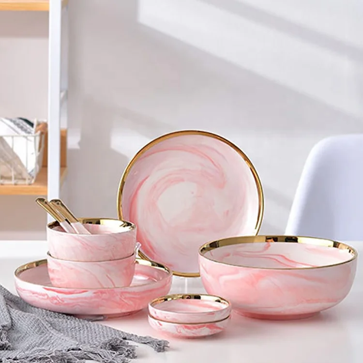 

New Luxury Gold Edge Marble Pattern Bone China Dinnerware Sets, Marble pink,grey