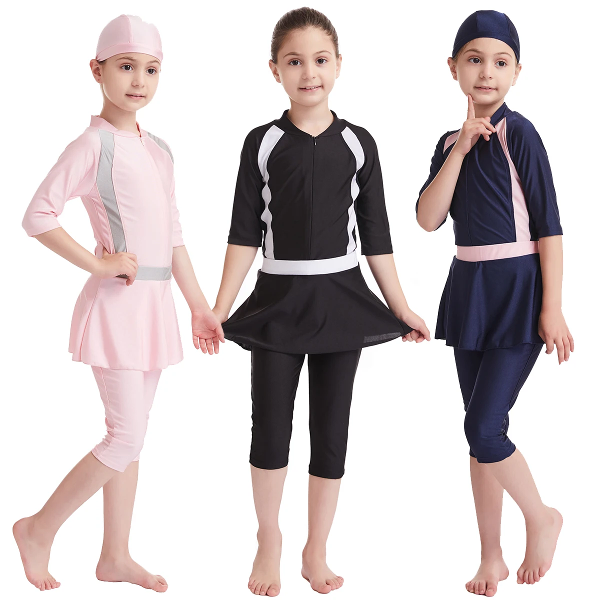 

2021 New Fahion Muslim Middle East Girl's Highly Elastic Half Sleeve Conservative Split Swimsuit For Girls