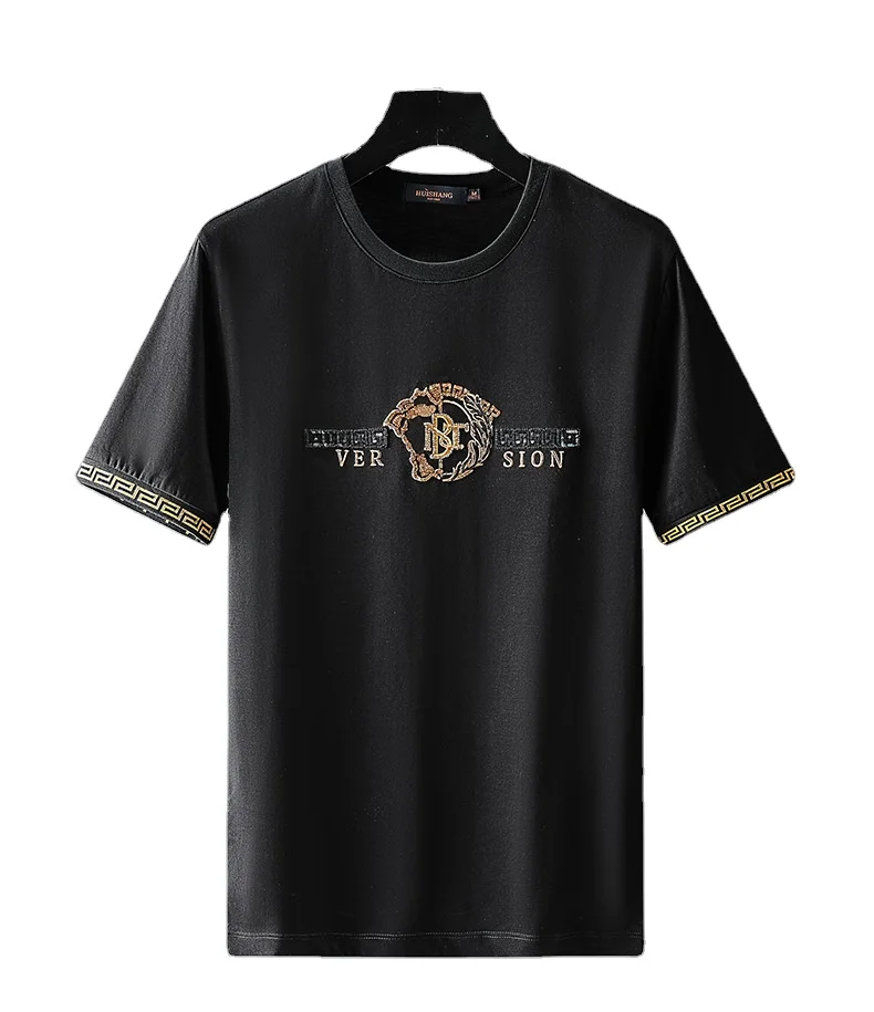 

Summer new fashion gold lettered bead embroidered summer short sleeved men's T-shirt