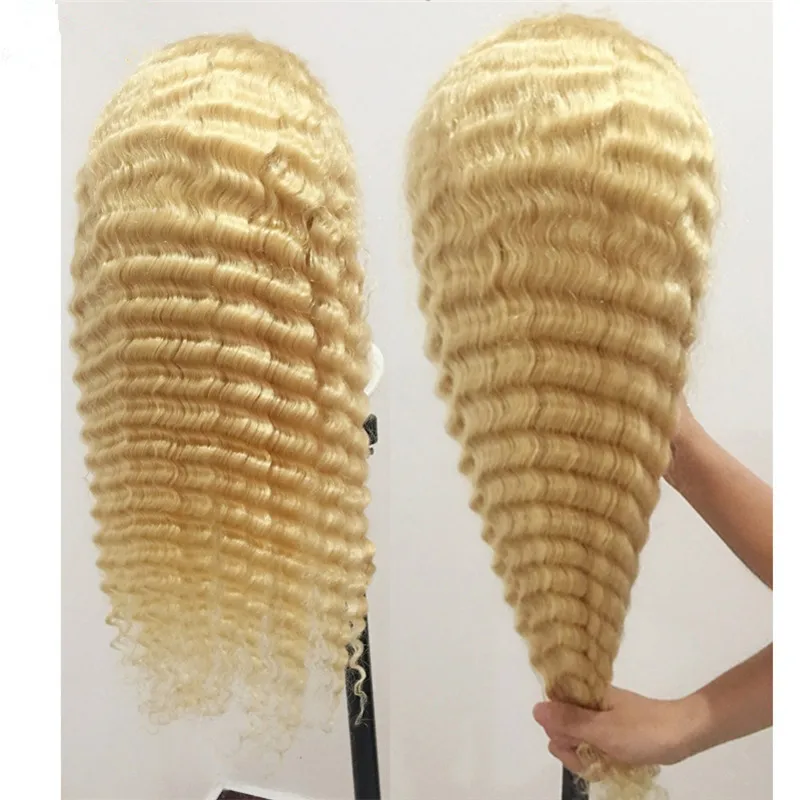 

150% Density Deep Wave 613 Blonde Transparent Lace Front Frontal Human Hair 4x4 Lace Closure Wig