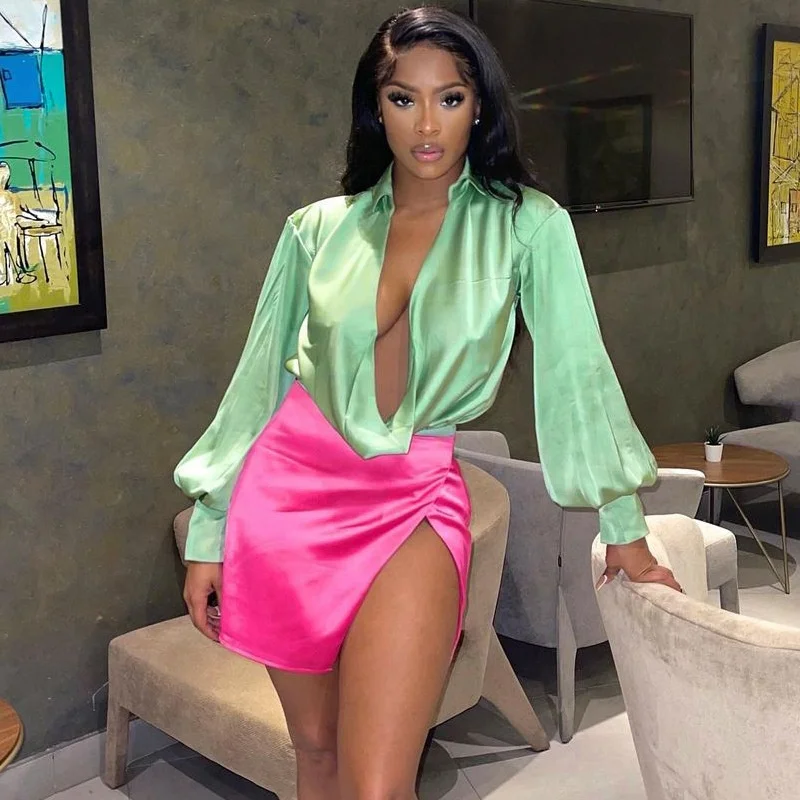 

2022 New Design Deep V Neck Sexy Women Blouse Spring Summer Long Sleeve Patchwork Jumpsuit Shirt Woman Stylish Top