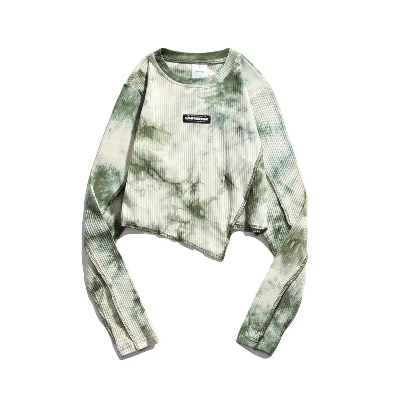 

New design women's tie-dye long sleeve T-shirt crop top t shirt