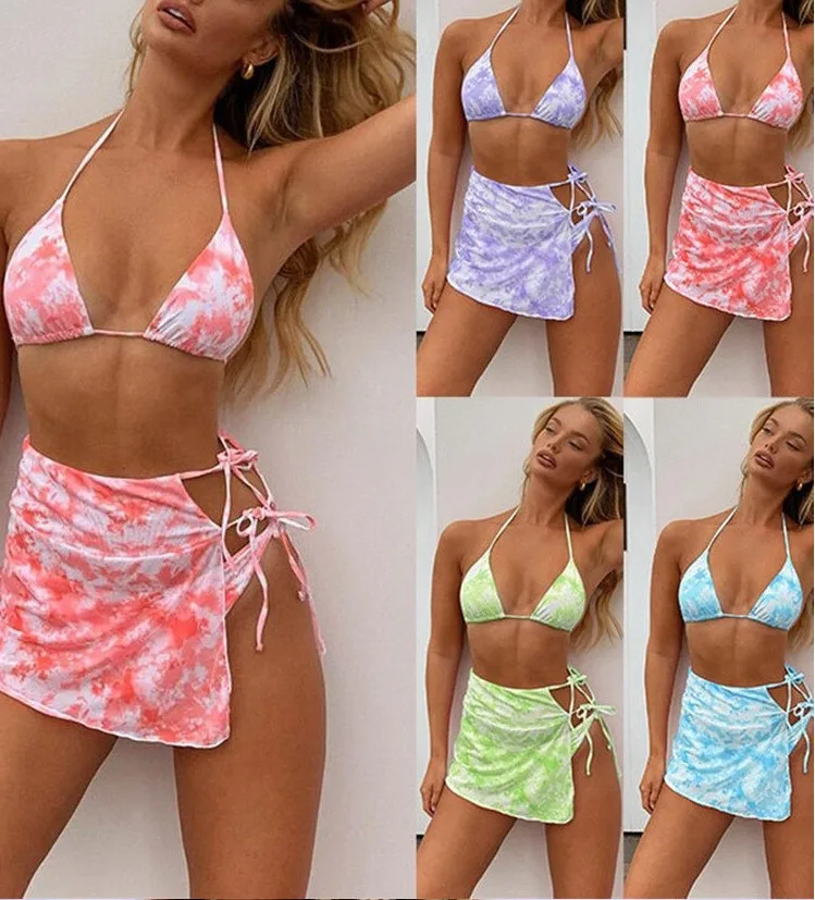 

L222 Floral High Waist Bikini Ladies Lace Up Swimdress Triangle Brazilian Swimsuit 3 Piece Set Beach Cover Up