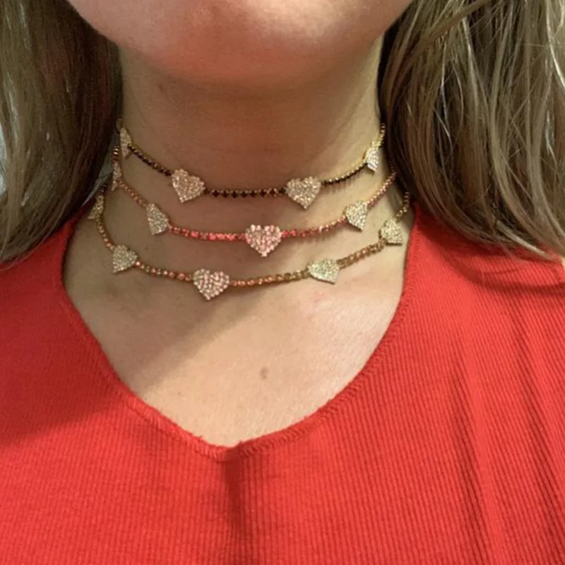 

Punk Bling Shiny Rhinestone Heart Necklace Iced Out Crystal Tennis Chain Necklace