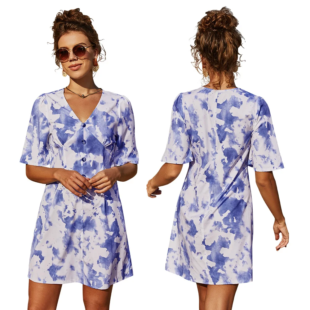 

r9243 New 2021 Summertime women short tie-dye summer dresses buttons daily vacation casual sundress vestidos