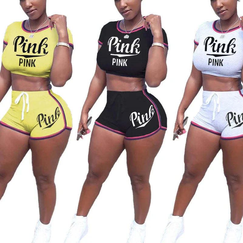 

2020 summer fashion women casual short set print letter pink 2 piece short set for ladies