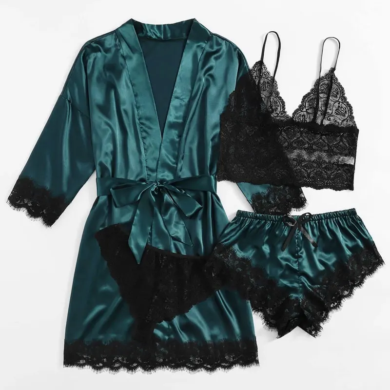

2021 hot sale 3pcs Women Satin Lace Mesh sleepwear homewear