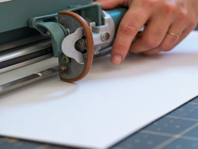 Close-up of rotary cutter making clean paper cut on mat