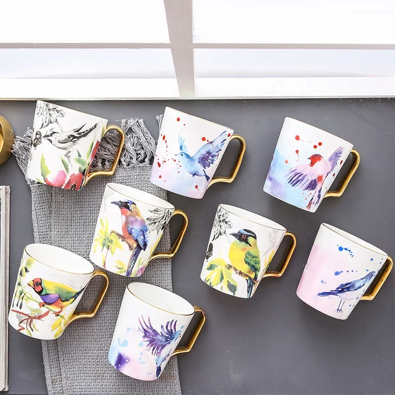 

Sale Ins-style Luxury Hand Painted Bird Golden handle Ceramic Tea Cups Coffee Mug