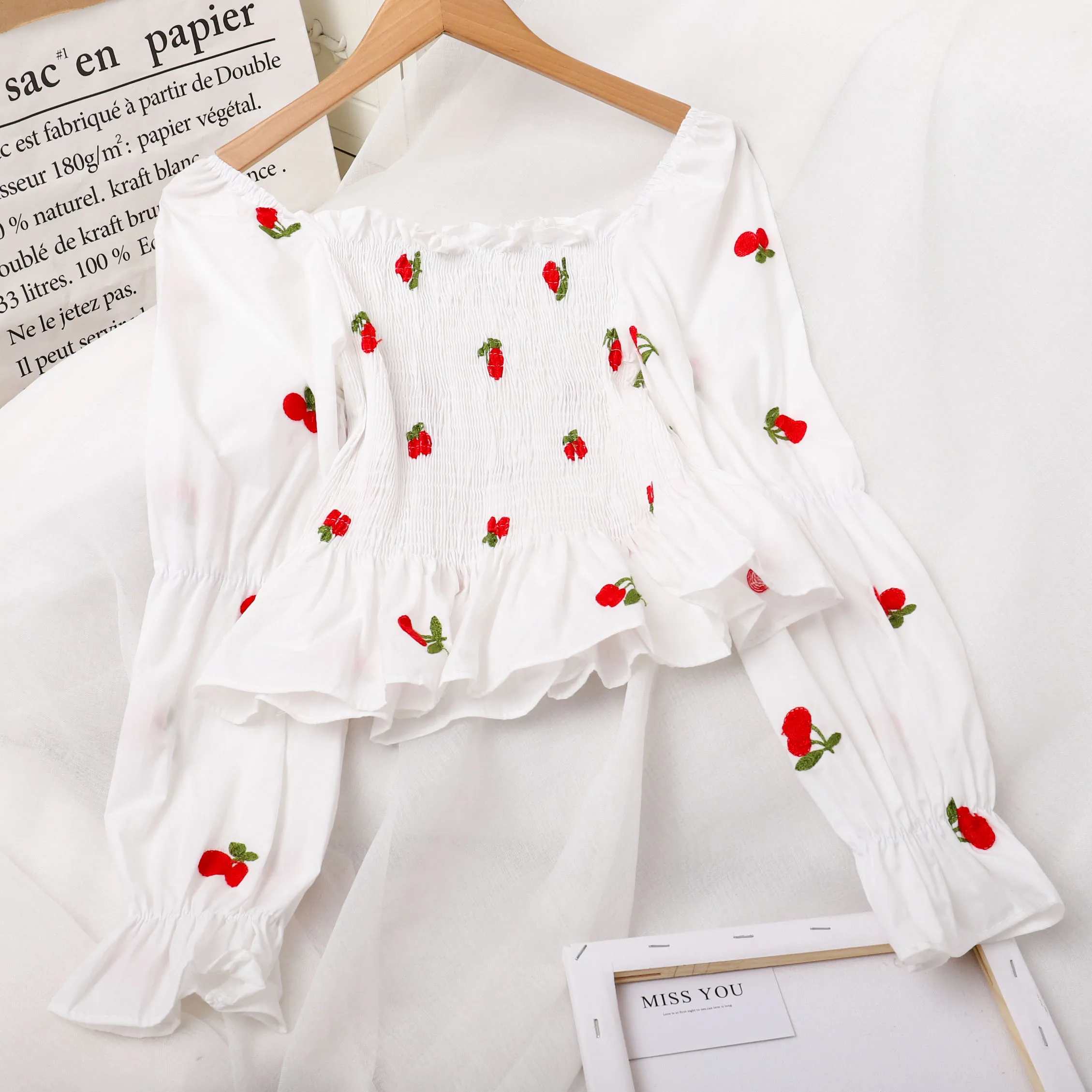 

European Fashion Women Embroidered Fruit Sweet Lace-up Ruffle Cuff Hem Long Sleeve One-shoulder Tops Crop Blouses, Yellow,red