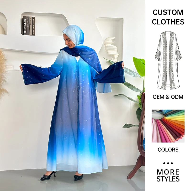 Habib Islamic Clothing Chiffon 3 Piece Open Abaya Hijab Set Wholesale Stock Gradient Glitter Abaya Dress