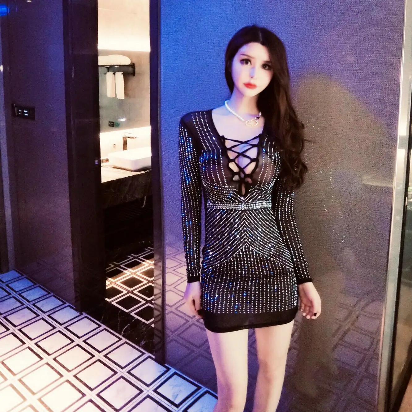 

Night club perspective sexy hollow out chest perm mesh dress long sleeve Hip Wrap Skirt