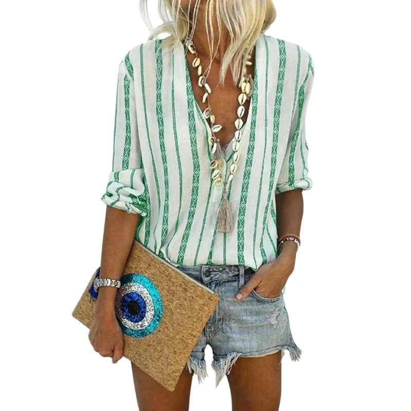 

Spring & Autumn Bohemian V Neck Striped Button Down Shirts For Women Blouses
