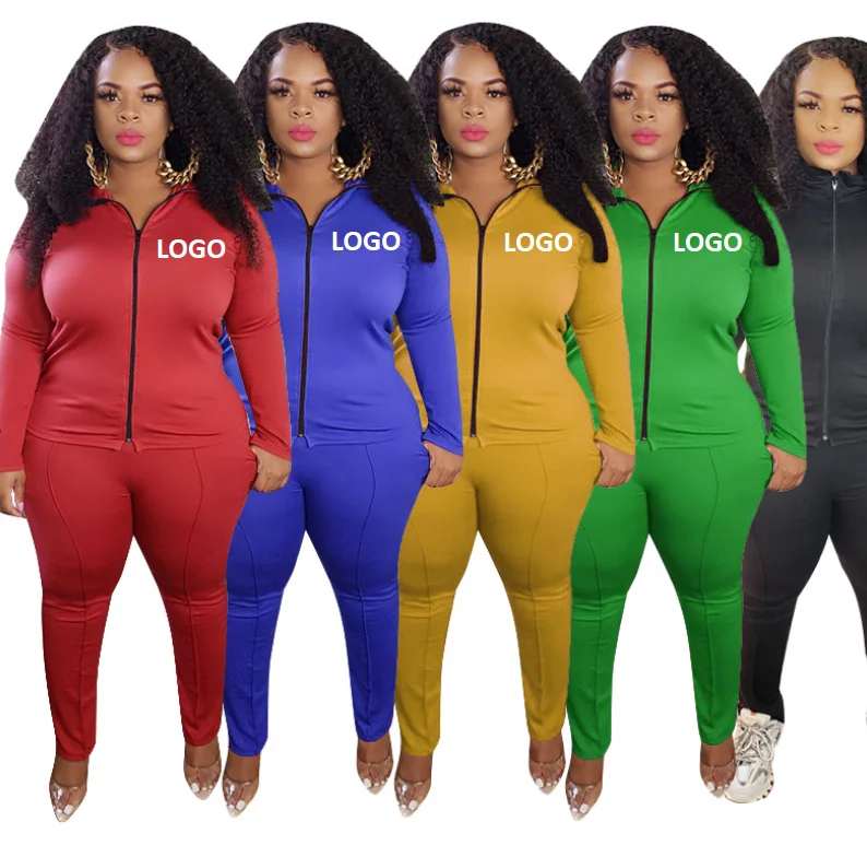 

2021 Accept OEM Custom Solid Color Slim Fit Activewear Two Piece Set Zipper Up Women Plus Size Leisure Gym Clothing, As picture