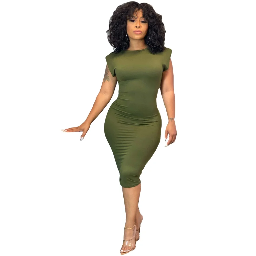 

Latest Design Spring Summer Pure Color Temperament Sleeveless Buttocks Casual Dresses Bodycon Dress Women, Green