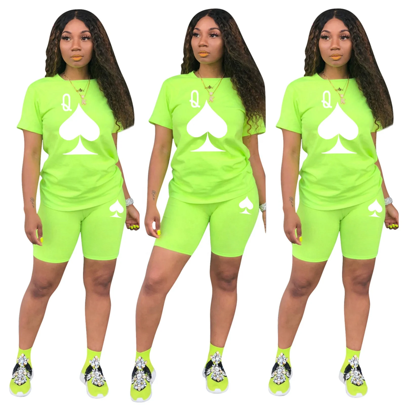 

KX-2002 Top quality cotton print 2pc summer bodycon pants sets outfits solid color casual two piece short set women