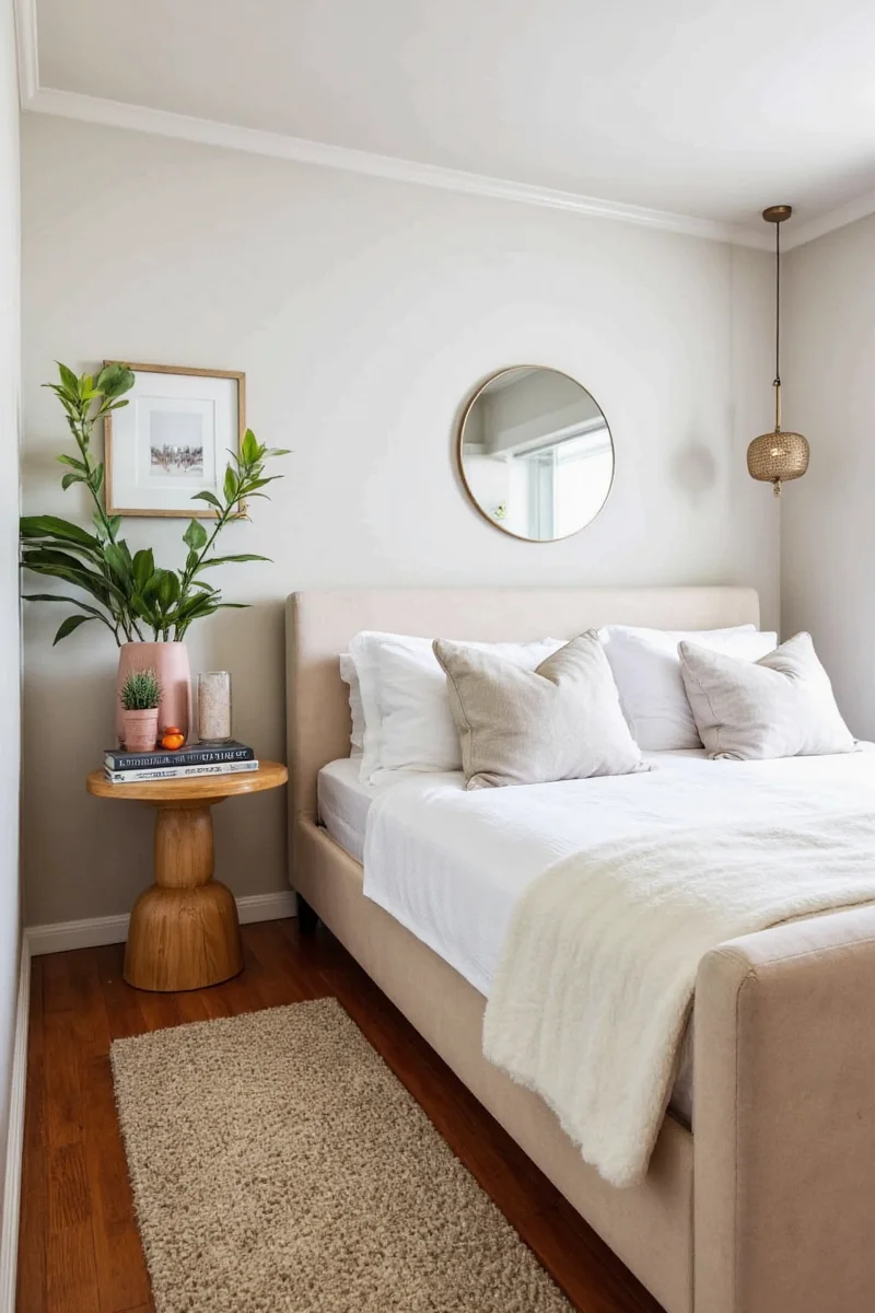 Minimalist light-colored bedroom with vertical shelves